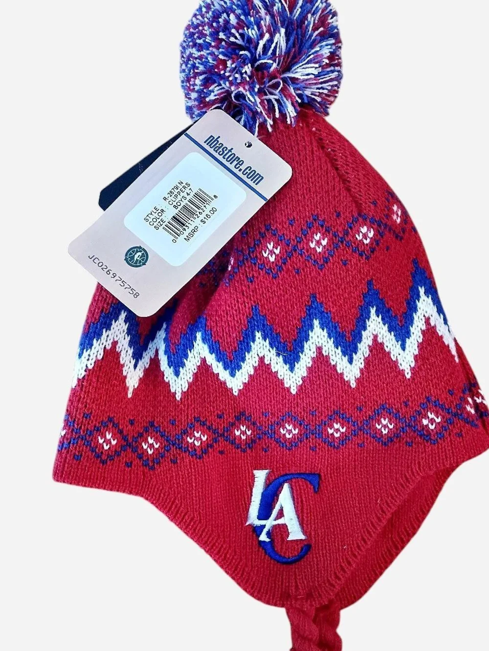 NBA  Kids Red Earflap Pom-Pom Beanie with Blue & White Accents